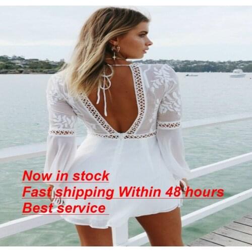 Women Boho Long Sleeve Backless White Dress Evening Party Summer Casual V-Neck Beach Mini Sundress