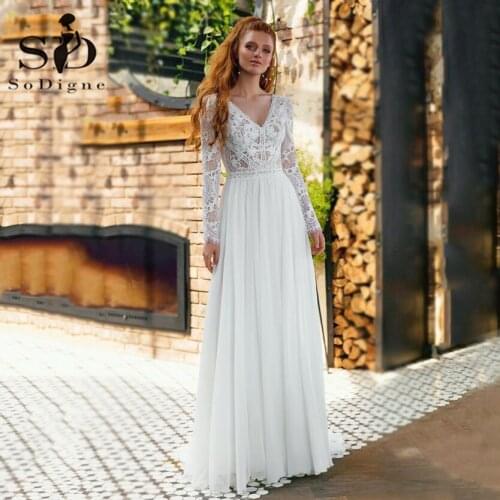 SoDigne Beach Boho Wedding Gowns Elegant V Neck Backless Lace Long Sleeves Women Bridal Dress Plus Size robe de mariee