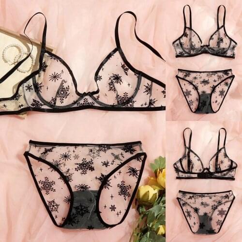 Women Sexy Lingerie Flowers Embroidery Bralette Lace Bra Bustier Lingerie Fashion Perspective Underwear Set Lenceria
