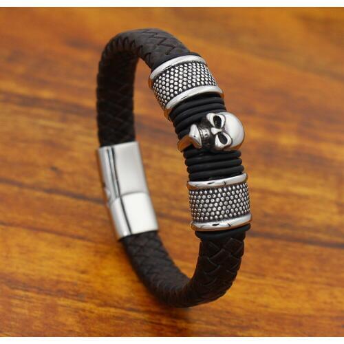 12MM Wide Braided Retro Genuine Leather Bracelet For Men Stainless steel Skull Bead Bracelets with Magnet Clasp