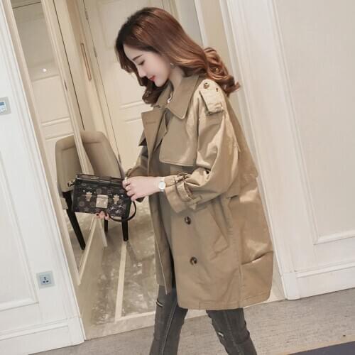 2020 New Spring Autumn Mid-length Trench Coat Womens Korean Loose Double Breasted Suit Collar Khaki Windbreaker Ladies Q1334