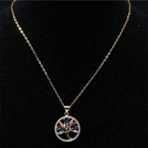 White rainbow crystal cz paved tree of life charm dainty gold chain chic pendant necklace for woman daily jewelry