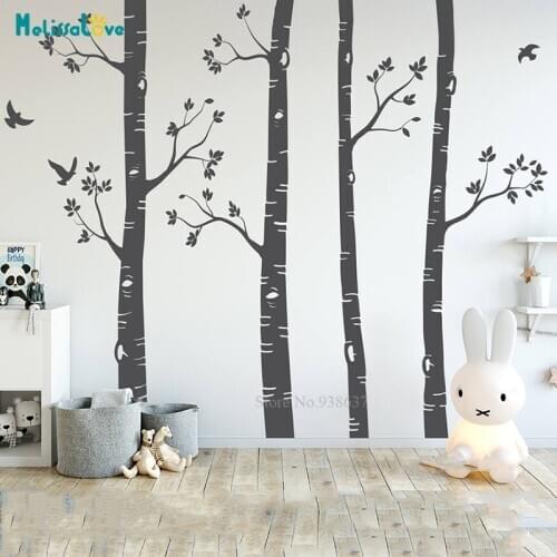 Nursery Kids Tree Birch Trees Wall Mural Stickers Tree and Birds Wall Art Decals Removable Vinyl Wallpaper BB038