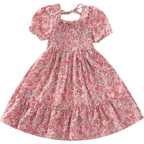 Children Dress Puff Sleeve Lace Up Long Length Girls Lacework Square Collar Dress for Holiday