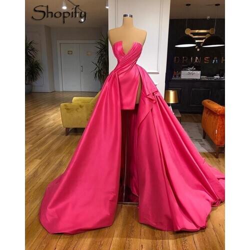 Long Arabic Style Evening Dress 2021 A-line High Slit Hot Pink Satin Dubai Women Elegant Formal Gowns