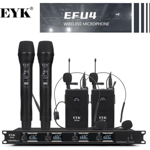 EYK EFU4 4 Channel UHF Wireless Microphone System with 2 Bodypack and 2 Handheld Microfone for Stage Church Family Party Karaoke