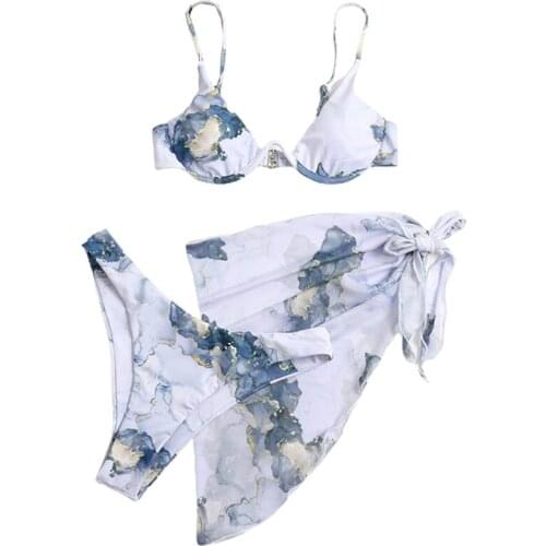 Sexy 3pcs Swimsuit Set Women Marble Print Push Up Underwire Triangle Brazilian Bikini Bathing Suit with Sarong Cover Up Dropship