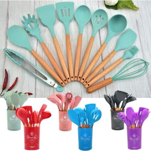 7 Colors Silicone Cooking Utensil Set 12pcs Non-Stick Spatula Shovel Wooden Handle Cooking Tools Set Storage Box Cookware Sets