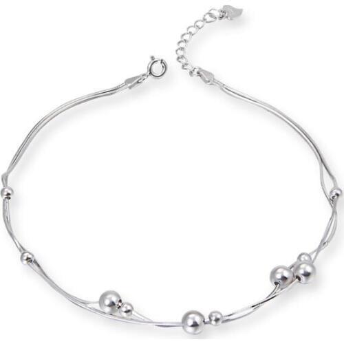Delicate Top Quality 925 Solid Silver Bead Pendant Double Snake Chain Anklet Fashion Sterling Silver Jewelry Gift