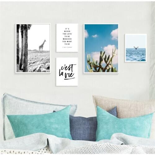 Nordic Natural Scenery Sea Animal Giraffe Whales Tail Plant Blue Sky Canvas Painting Wall Picture Poster Living Room Decoration