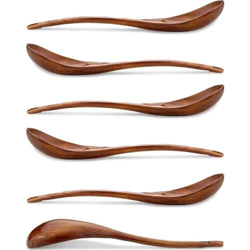 New Wooden Soup Spoons, 6 Pieces 7.84 Inches Japanese Ramen Spoons Round Nanmu Wood Long Handle Kids Rice Dessert Dark Brown