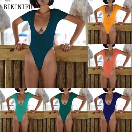 2020 New Sexy Short Sleeve Swimsuit Women Deep V Beachwear Solid Color Monokini S-2XL Girl Off Shoulder Swimwear One Piece Suit