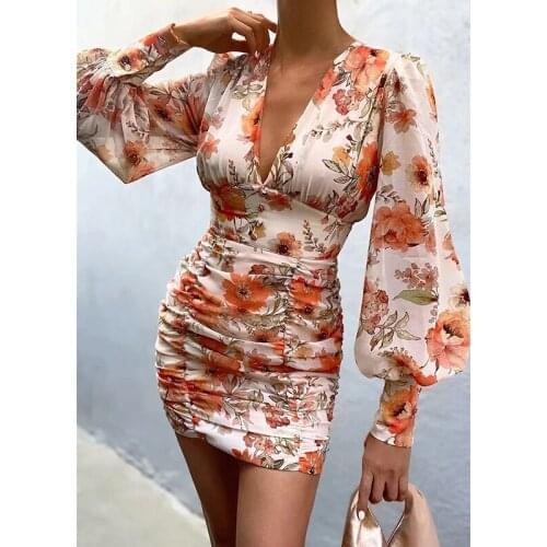 Foridol Ruched Long Sleeve Print Bodycon Party Dress Womens Autumn Winter Orange Chiffon Short Dress Elegant Club Dress Vestido