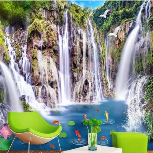 Beibehang wallpaper wall murals wall stickers landscape waterfall wooden bridge 3D landscape background wall background paint