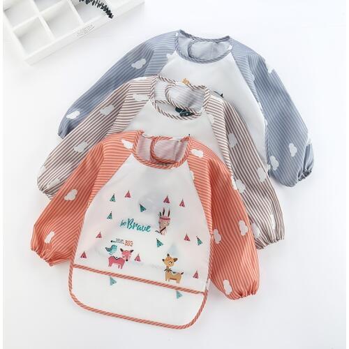One Size Waterproof Oxford Cloth Cute Design Smock With Pocket Baby Long Sleeve Bibs Feeding Apron