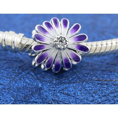 925 Sterling Silver Purple Daisy Charms 2021 Spring Collection Charm Fit Beads Bracelets Pendant DIY For Women Jewelry