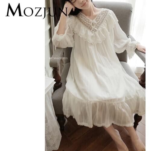 Casual Nightwear Dress White Nightgown Sexy Lace Robe V-Neck Ruffled Comfort Breathable Night Wear Summer Cloth Mozjun #MZ102