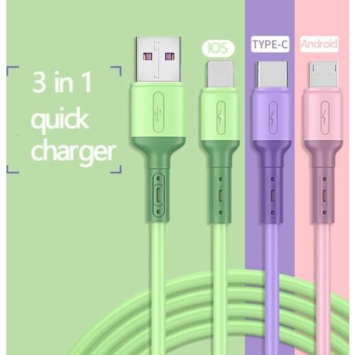 USB Cable For iPhone 12 11 XS X 8 7 6 Charging Charger 3 in 1 Micro USB Cable For USB Type C Mobile Phone Cables For Samsung S9