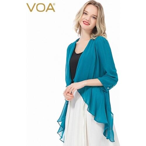 VOA Silk 12m/m Solid Color Georgette Multi-colored Thin Cardigan Summer Sun-protective Clothing Tops for Women B0127