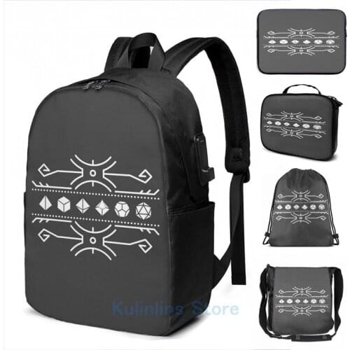 Funny Graphic print Ornamental Dice Set of Sorcerer Tabletop RPG Gaming USB Charge Backpack men School Travel laptop bag