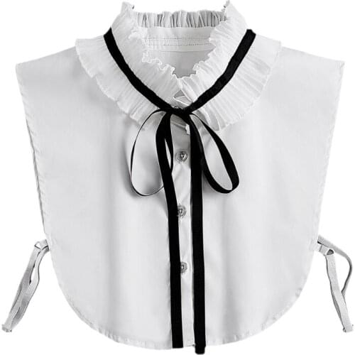 Ladies White Half Shirt Vintage Elegant Ribbon Bow Pleated Ruffles False Collar N2UE