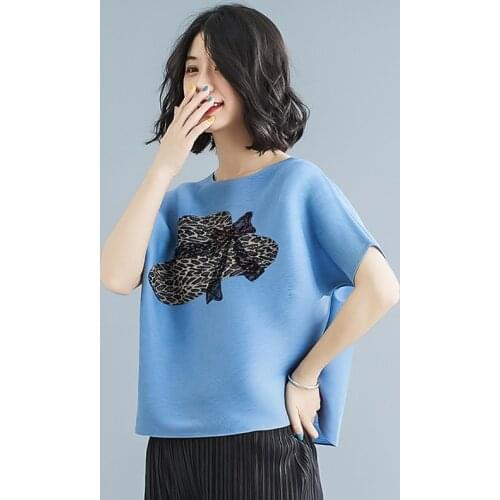 Summer Womens T-shirt Miyak Pleated Short Sleeve Loose Leopard Print Plus Size Round Neck Elegant Casual Ladies Top Clothes
