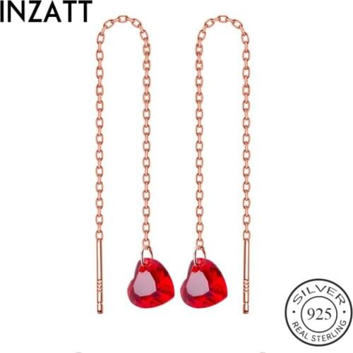INZATT Real 925 Sterling Silver OL Dangle Drop Earrings For Pretty Women Romantic Party Long Chain Tassel Red Heart Fine Jewelry