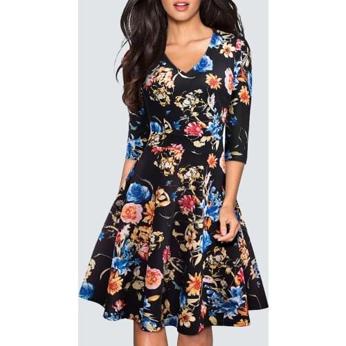 Vintage Black Floral Print Party Fashion Women V Neck Casual Swing A line Skater Dress HA085