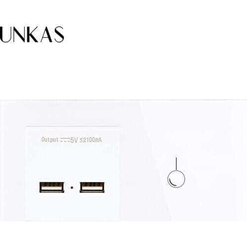 UNKAS EU Standard 1 Gang 1 Way Touch Switch and Power Outlet With Dual USB Smart Induction Charge Port For Mobile 5V 2.1A