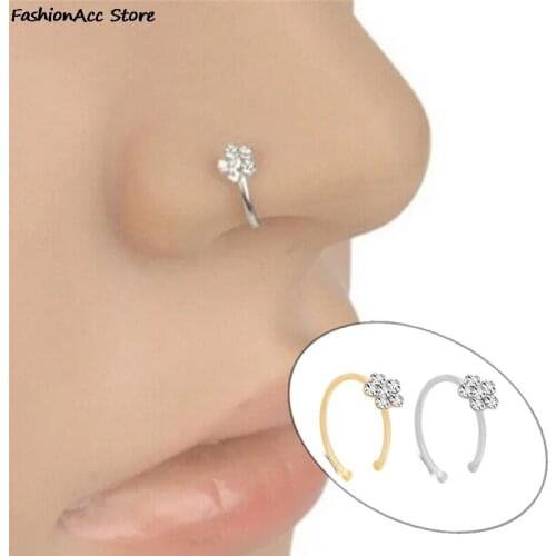 1pcs Stainless Steel Circular Nose Ring Circular Punk Small Thin Clear Rhinestone Flower Lip Ear Nose Clip