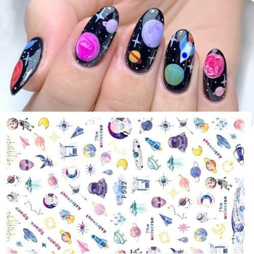3D Nail Sticker Space Planet Alien Design Geometric Summer Nail Art Decorations Sliders Gel Decals Manicure Accessories GLF532