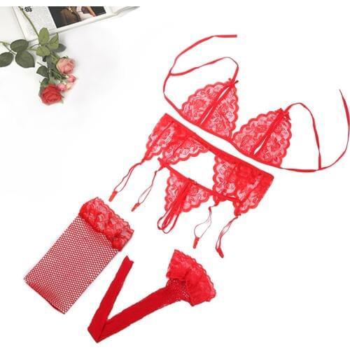 4pcs Red Sexy Lingerie Feminina G-String And Transparent Lace Push Up Bra Set Underwear Bras For Women Temptation Lenceria Mujer