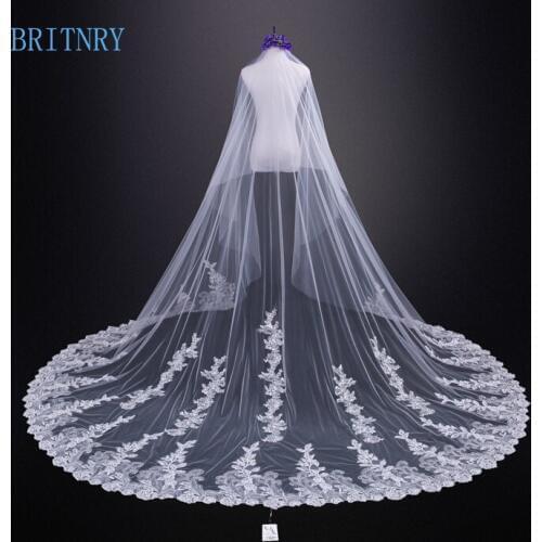 BRITNRY Hot Sale 2018 Cathedral Wedding Veil One Layer Ivory Bride Veil Lace Edge With Sequins Long Veil Real Photos