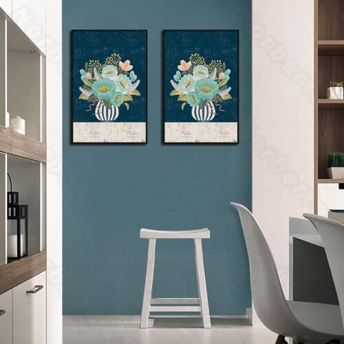 Modern Style Canvas Painting Wall Poster Drawings with Deep Blue Background and a Bunch of Flowers for Home Rooms Wall Decoratio
