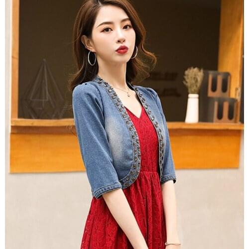 Denim Jacket Women Extra Short Thin Shawl Fashion Slim Half Sleeve High Waist New Spring Summer Crop Top Jeans Cardigan k1038