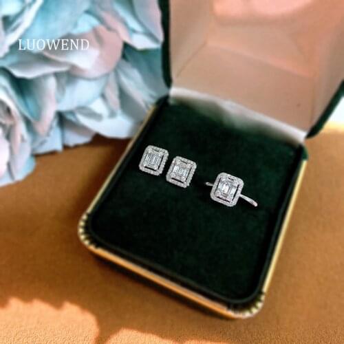 LUOWEND Real 18K Solid White Gold Stud Earrings Ring Female Diamond Earring Retro Engagement Party Female Jewelry Design
