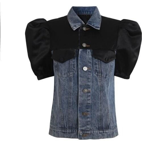Fashion Women Loose Spliced Denim Jacket Puff Sleeve Short Tops Jacket Female Summer Sweet Single Breasted Cowgirl Jackets