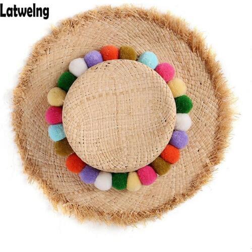 NEW Handmade Colorful Pom Pom Raffia Straw Sun Visor Hats For Women Child Foldable Summer Panama Cap Girls Large Brim Beach Hat