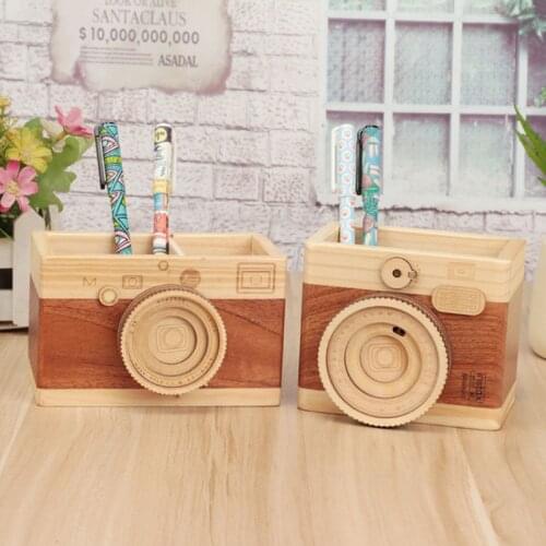 New Creative Retro Wooden Mini Camera Model Pen Holder Storage Ornaments Desktop Crafts Home Decoration Stationery Gifts