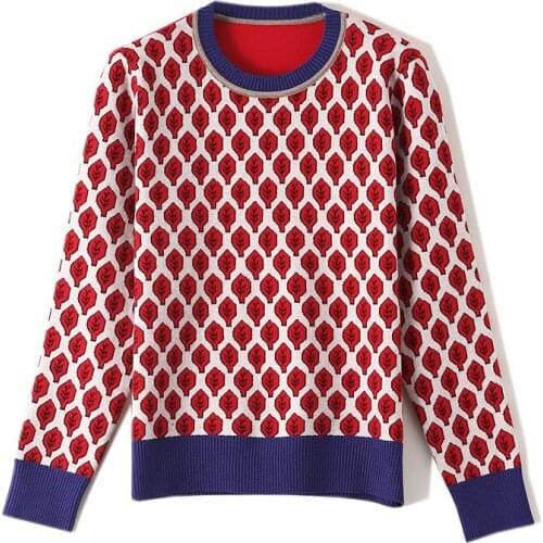 New Women New vintage Red Leaf Jacquard Warm Wweaters Long Sleeve O Neck Lurex Christmas Pullovers Autumn Knitted Retro Tops