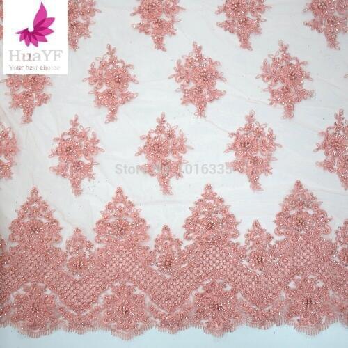 2020 New arrive design 5 yard Pink colours Super heavy handmde beaded bridal lace fabric HuaY Fabric