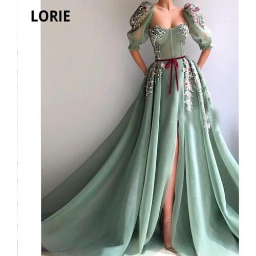 LORIE Mint Green Prom Dresses Short Cap Sleeves 3D Flowers A-Line Tulle Bohemian Arabic Evening Gown Celebrity Party Dress 2021