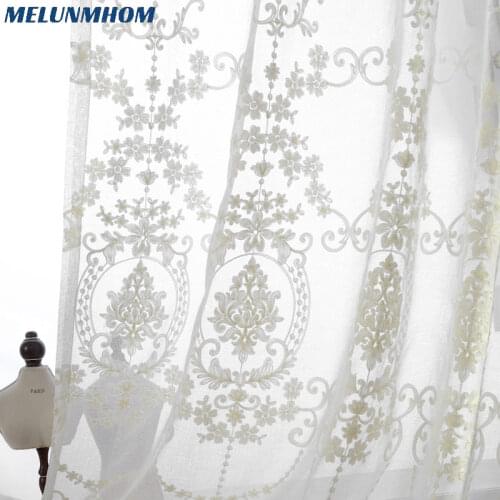 Luxury Europe White Cotton Linen Curtains for Kitchen Fabric Tulle For Bedroom Embroidered Sheer Curtain for Living Room Fabric