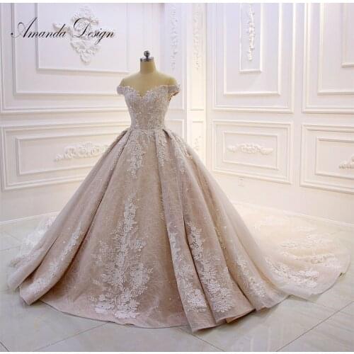 Amanda Design vestido de novia desmontable Off Shoulder Lace Appliques Shiny Wedding Dress