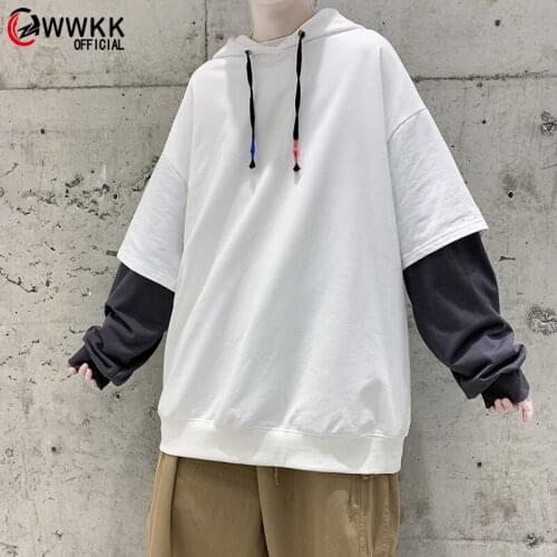 WWKK Men Fake two piece Oversized Harajuku Solid Graphic Hoodies 2021 Pullover Men Harajuku Sweatshirts Fashions Casual Clothes