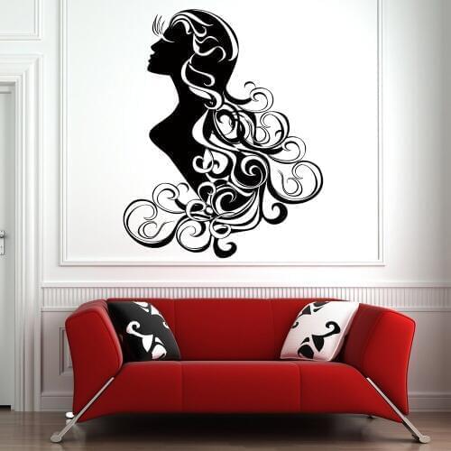 Beauty Salon Wall Decal Beautiful Woman Hair Salon Wall Decor Vinyl Sticker Long Curly Hair Decals Mural for Girls Bedroom D746
