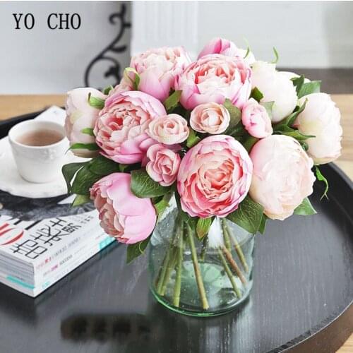 YO CHO 10 Heads/Bouquet Peonies Tea Rose Artificial Flowers Silk Peonies Bouquet Flowers Wedding Home Decoration Fake Peony Rose