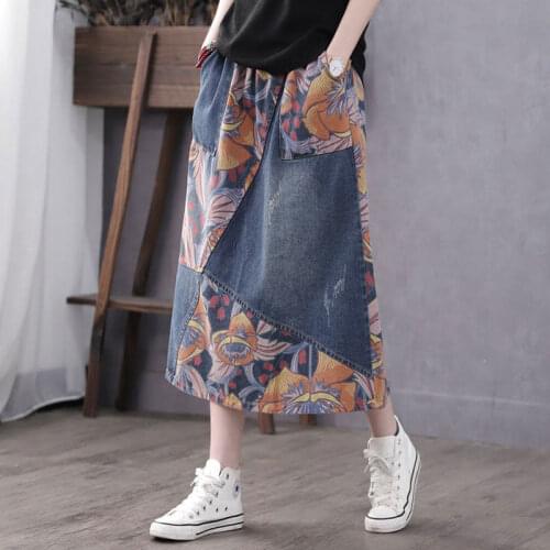 Womens Printed Patchwork Denim Skirt 2021 Spring/Summer New Retro Artistic Loose Mid-Length High Waist A- Line Skirt