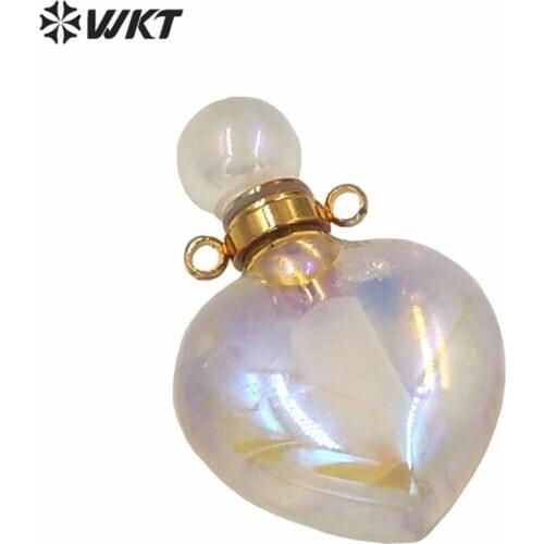 WT-P1595 Shinny heart shape stone necklace pendant with double loops aura spirit crystal quartz perfume bottle pendant