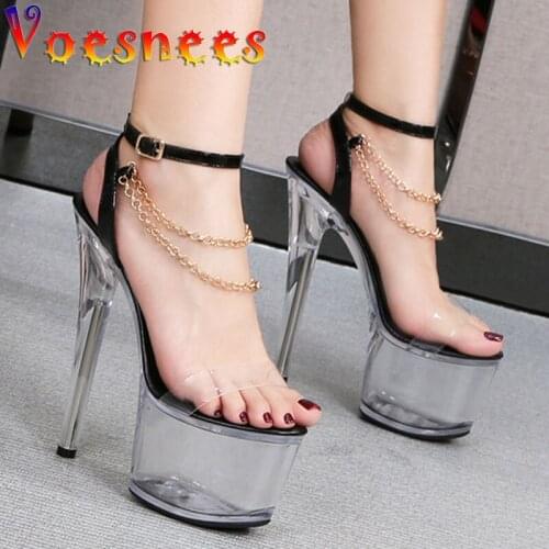 Voesnees Crystal Womens Shoes 2021 New Metal Decoration Ankle Buckle Stiletto Sandals PVC Sexy Transparent Platform High Heels